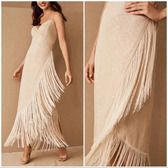 NWT Anthropologie BHLDN Azulu Tierra Sequin Fringe Maxi Slip Dress Cream XS - Picture 1 of 14